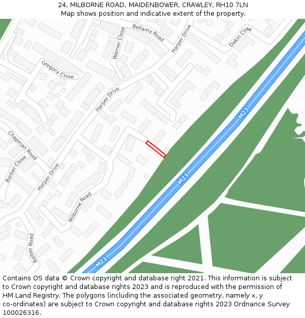 24, MILBORNE ROAD, MAIDENBOWER, CRAWLEY, RH10 7LN: Location map and indicative extent of plot