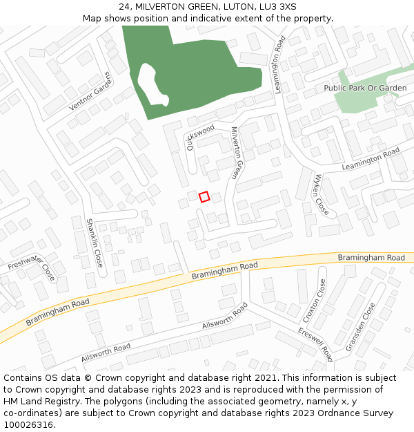 24, MILVERTON GREEN, LUTON, LU3 3XS: Location map and indicative extent of plot