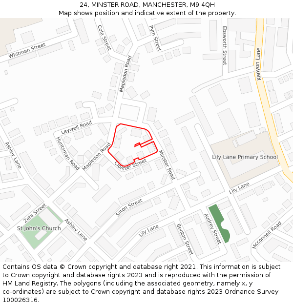 24, MINSTER ROAD, MANCHESTER, M9 4QH: Location map and indicative extent of plot