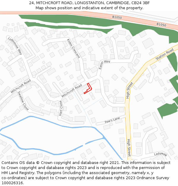 24, MITCHCROFT ROAD, LONGSTANTON, CAMBRIDGE, CB24 3BF: Location map and indicative extent of plot