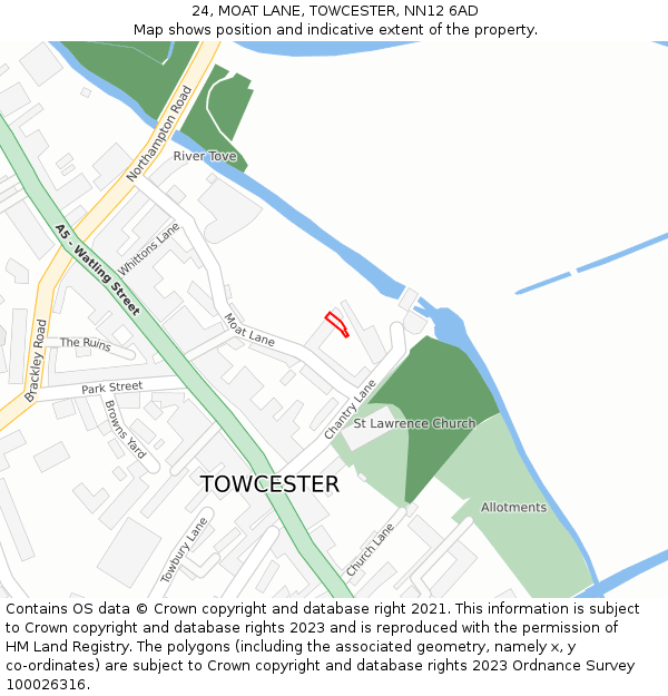 24, MOAT LANE, TOWCESTER, NN12 6AD: Location map and indicative extent of plot