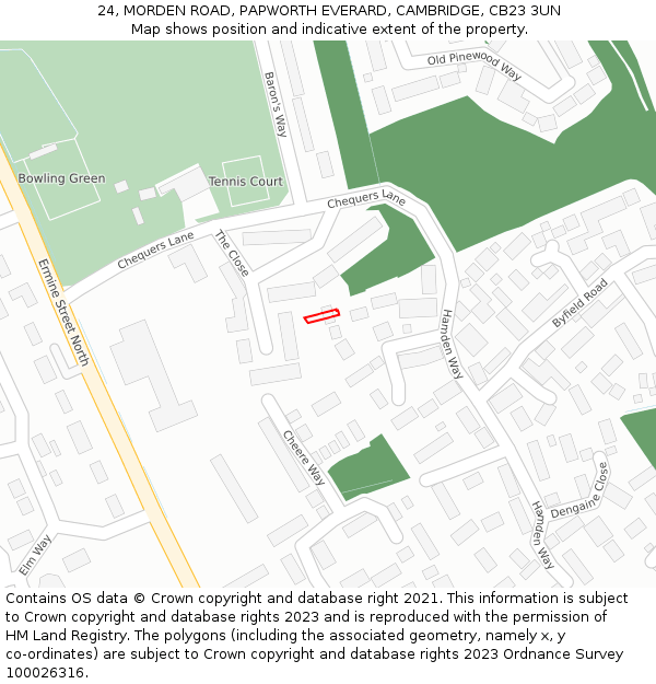24, MORDEN ROAD, PAPWORTH EVERARD, CAMBRIDGE, CB23 3UN: Location map and indicative extent of plot