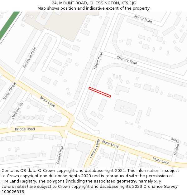24, MOUNT ROAD, CHESSINGTON, KT9 1JG: Location map and indicative extent of plot