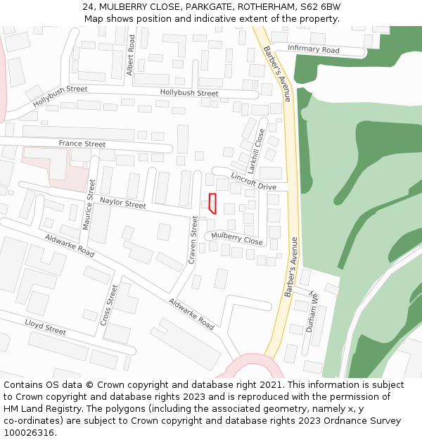 24, MULBERRY CLOSE, PARKGATE, ROTHERHAM, S62 6BW: Location map and indicative extent of plot