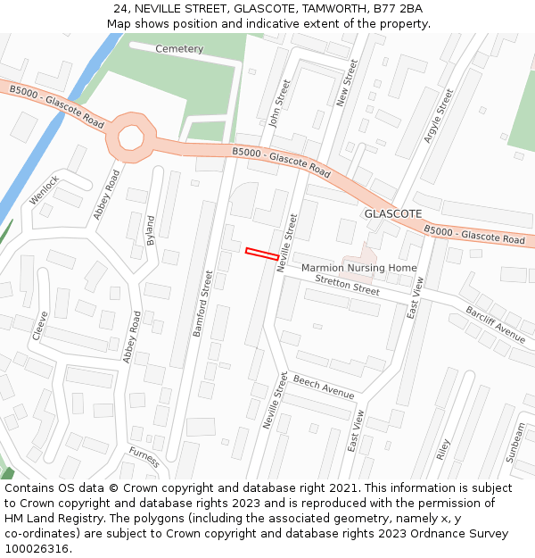 24, NEVILLE STREET, GLASCOTE, TAMWORTH, B77 2BA: Location map and indicative extent of plot