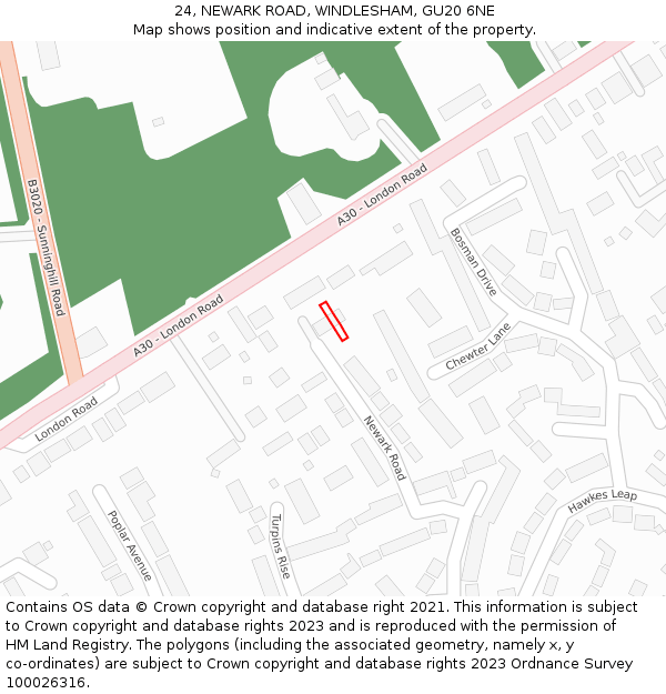 24, NEWARK ROAD, WINDLESHAM, GU20 6NE: Location map and indicative extent of plot
