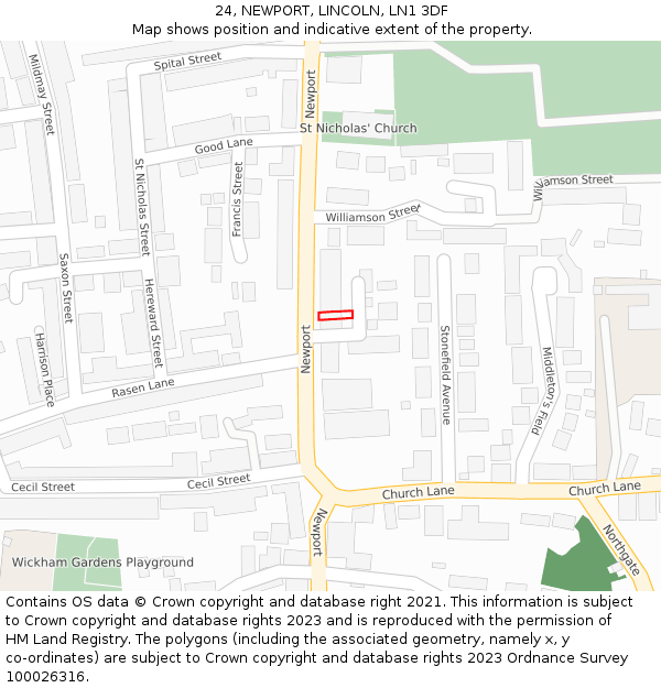 24, NEWPORT, LINCOLN, LN1 3DF: Location map and indicative extent of plot