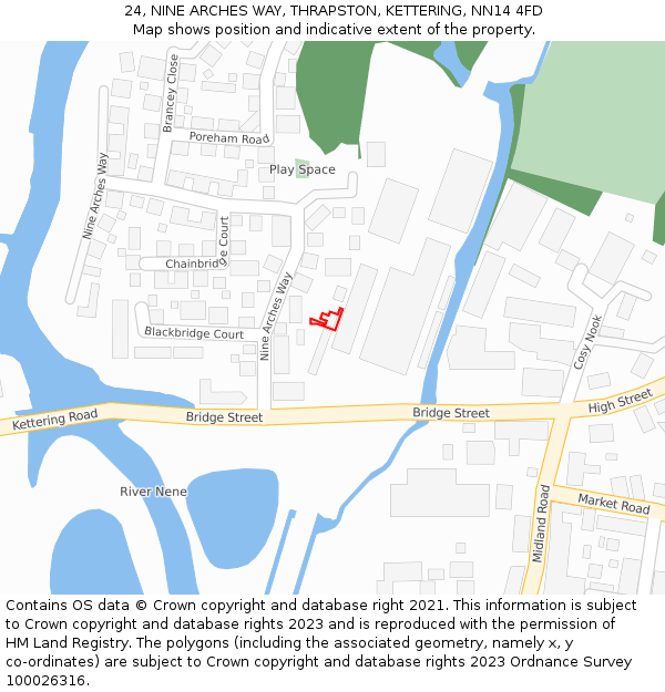 24, NINE ARCHES WAY, THRAPSTON, KETTERING, NN14 4FD: Location map and indicative extent of plot