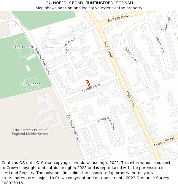 24, NORFOLK ROAD, BUNTINGFORD, SG9 9AN: Location map and indicative extent of plot