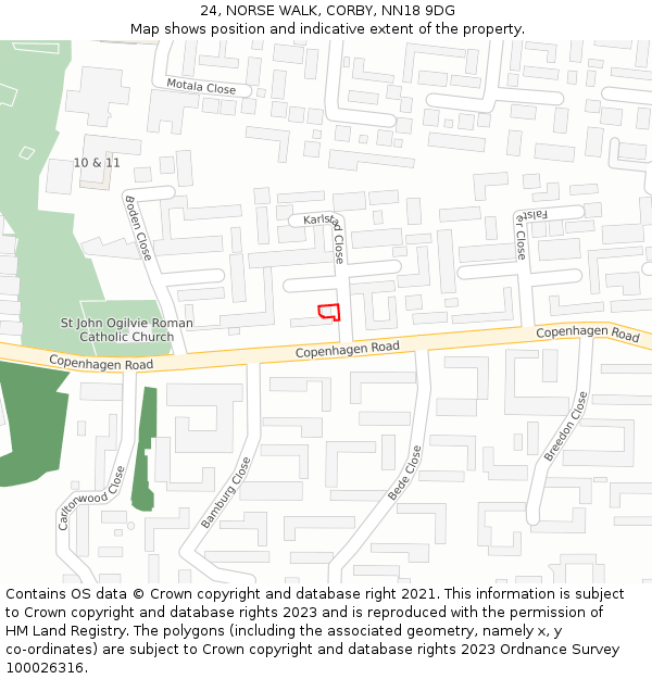 24, NORSE WALK, CORBY, NN18 9DG: Location map and indicative extent of plot