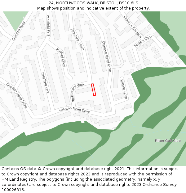 24, NORTHWOODS WALK, BRISTOL, BS10 6LS: Location map and indicative extent of plot