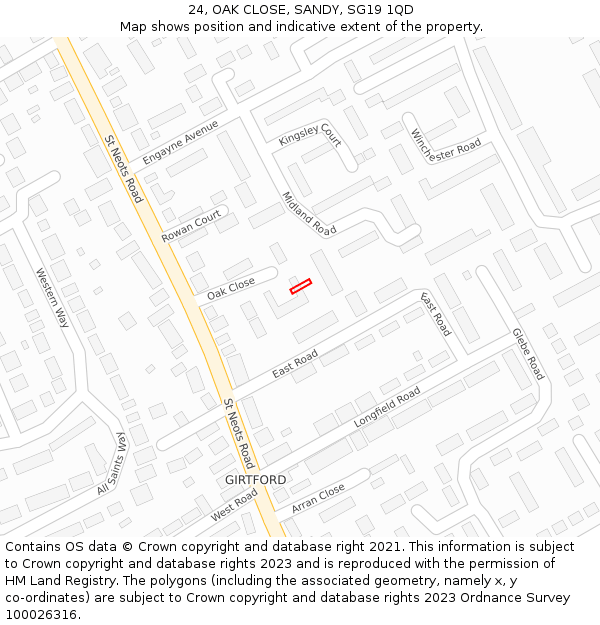 24, OAK CLOSE, SANDY, SG19 1QD: Location map and indicative extent of plot