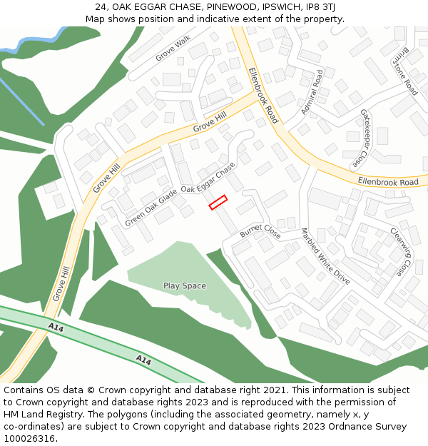 24, OAK EGGAR CHASE, PINEWOOD, IPSWICH, IP8 3TJ: Location map and indicative extent of plot