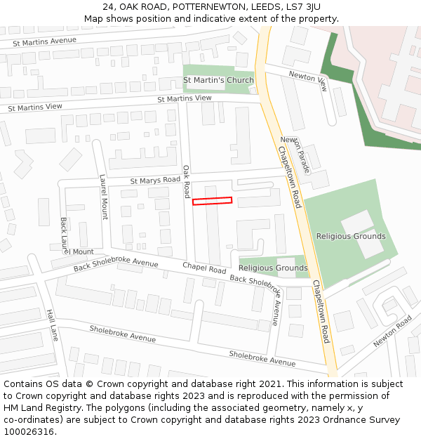 24, OAK ROAD, POTTERNEWTON, LEEDS, LS7 3JU: Location map and indicative extent of plot
