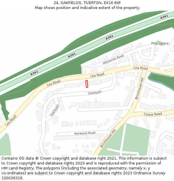 24, OAKFIELDS, TIVERTON, EX16 6XF: Location map and indicative extent of plot