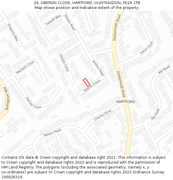 24, OBERON CLOSE, HARTFORD, HUNTINGDON, PE29 1TB: Location map and indicative extent of plot
