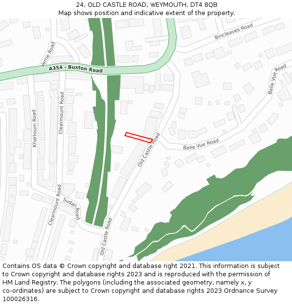 24, OLD CASTLE ROAD, WEYMOUTH, DT4 8QB: Location map and indicative extent of plot