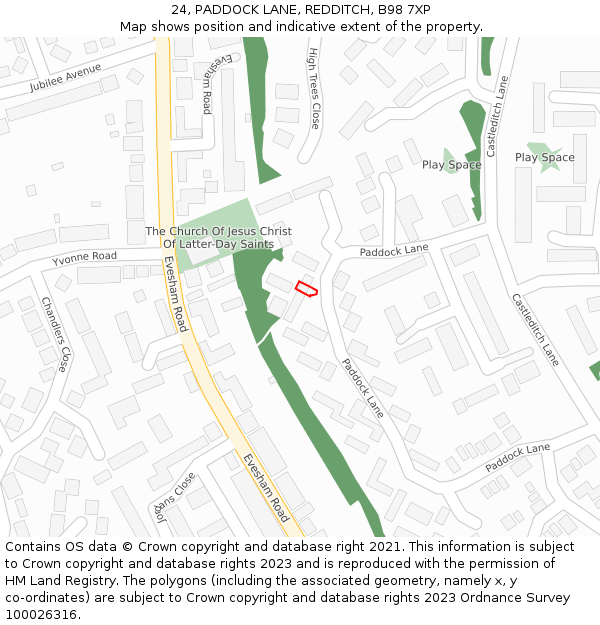 24, PADDOCK LANE, REDDITCH, B98 7XP: Location map and indicative extent of plot
