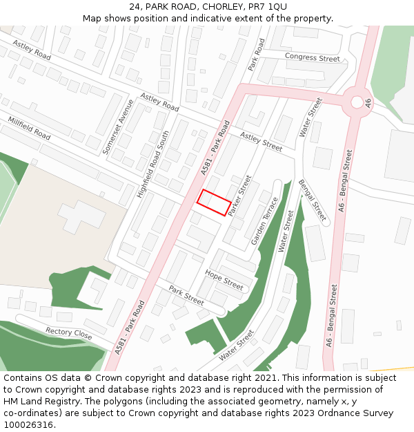 24, PARK ROAD, CHORLEY, PR7 1QU: Location map and indicative extent of plot