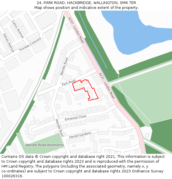 24, PARK ROAD, HACKBRIDGE, WALLINGTON, SM6 7ER: Location map and indicative extent of plot