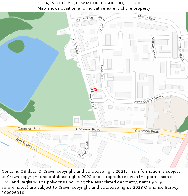 24, PARK ROAD, LOW MOOR, BRADFORD, BD12 0DL: Location map and indicative extent of plot