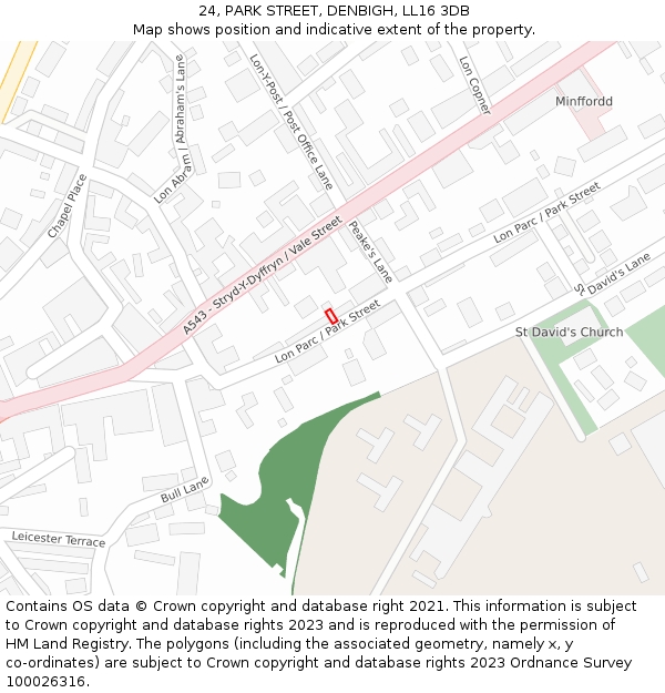 24, PARK STREET, DENBIGH, LL16 3DB: Location map and indicative extent of plot