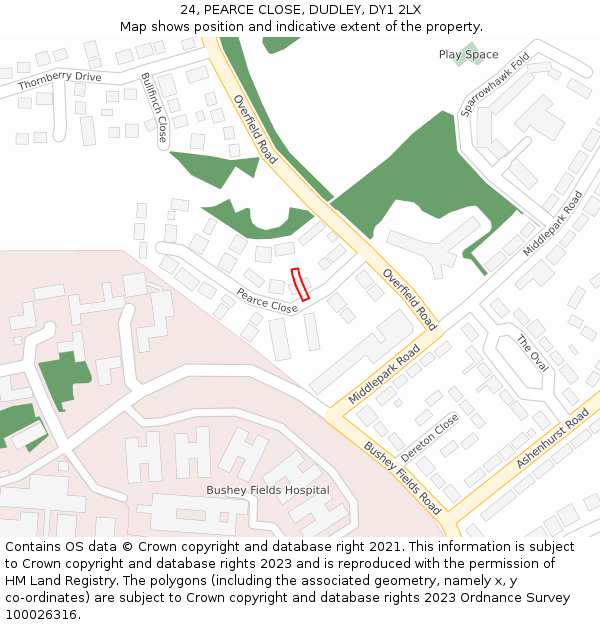 24, PEARCE CLOSE, DUDLEY, DY1 2LX: Location map and indicative extent of plot