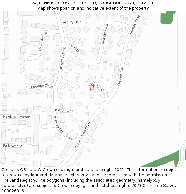 24, PENNINE CLOSE, SHEPSHED, LOUGHBOROUGH, LE12 9HE: Location map and indicative extent of plot