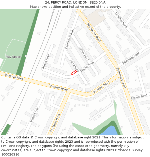 24, PERCY ROAD, LONDON, SE25 5NA: Location map and indicative extent of plot