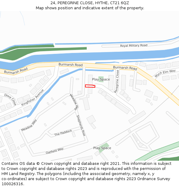 24, PEREGRINE CLOSE, HYTHE, CT21 6QZ: Location map and indicative extent of plot