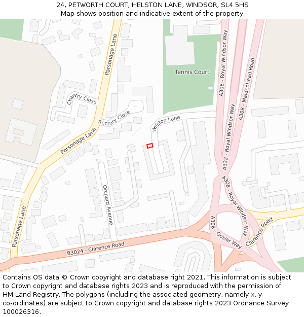 24, PETWORTH COURT, HELSTON LANE, WINDSOR, SL4 5HS: Location map and indicative extent of plot