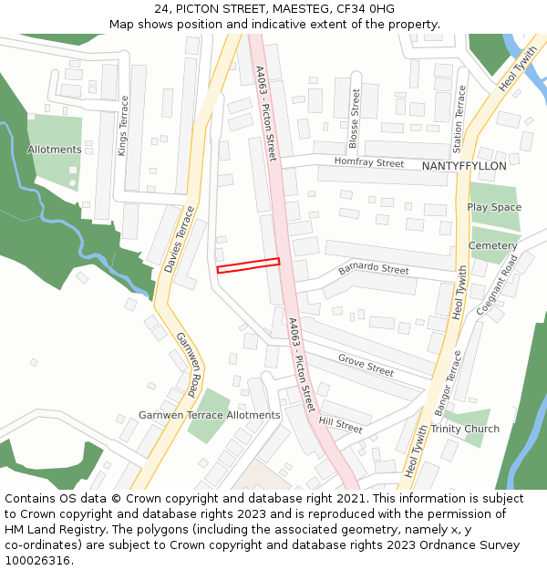 24, PICTON STREET, MAESTEG, CF34 0HG: Location map and indicative extent of plot