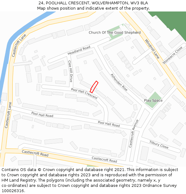 24, POOLHALL CRESCENT, WOLVERHAMPTON, WV3 8LA: Location map and indicative extent of plot