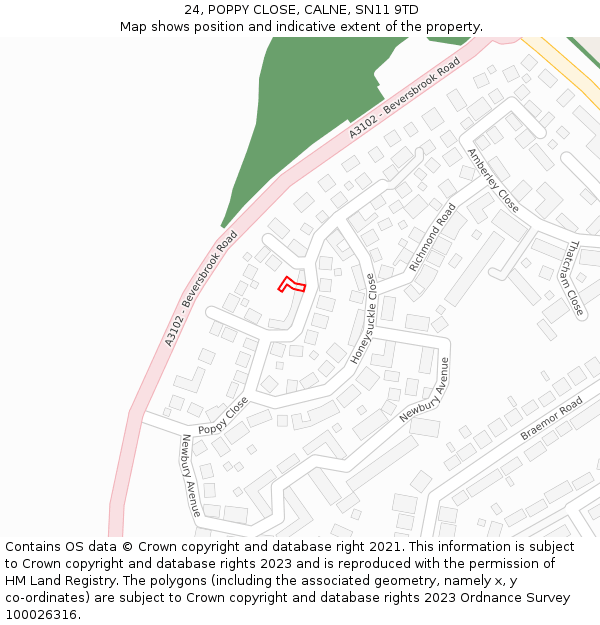 24, POPPY CLOSE, CALNE, SN11 9TD: Location map and indicative extent of plot