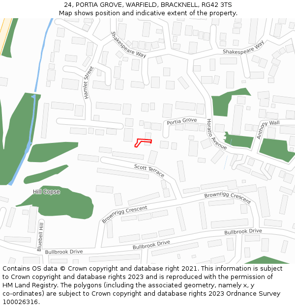24, PORTIA GROVE, WARFIELD, BRACKNELL, RG42 3TS: Location map and indicative extent of plot