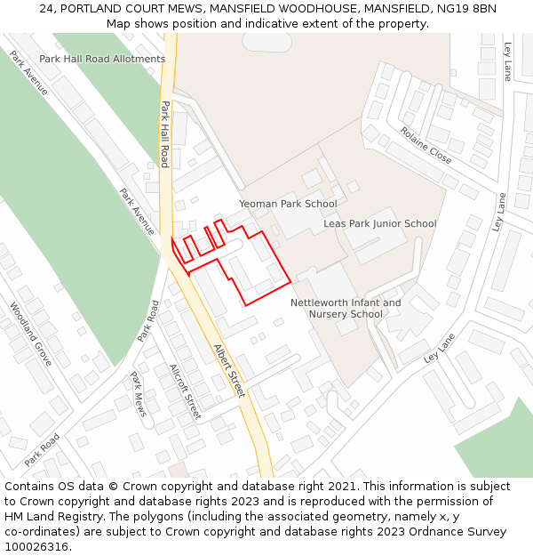 24, PORTLAND COURT MEWS, MANSFIELD WOODHOUSE, MANSFIELD, NG19 8BN: Location map and indicative extent of plot