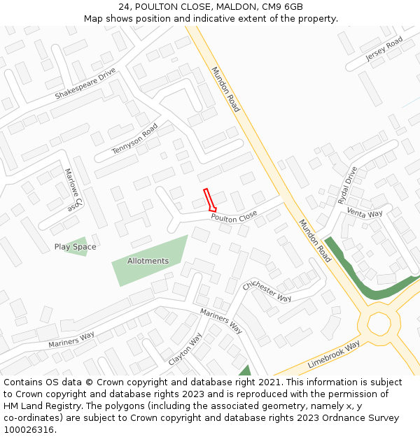 24, POULTON CLOSE, MALDON, CM9 6GB: Location map and indicative extent of plot