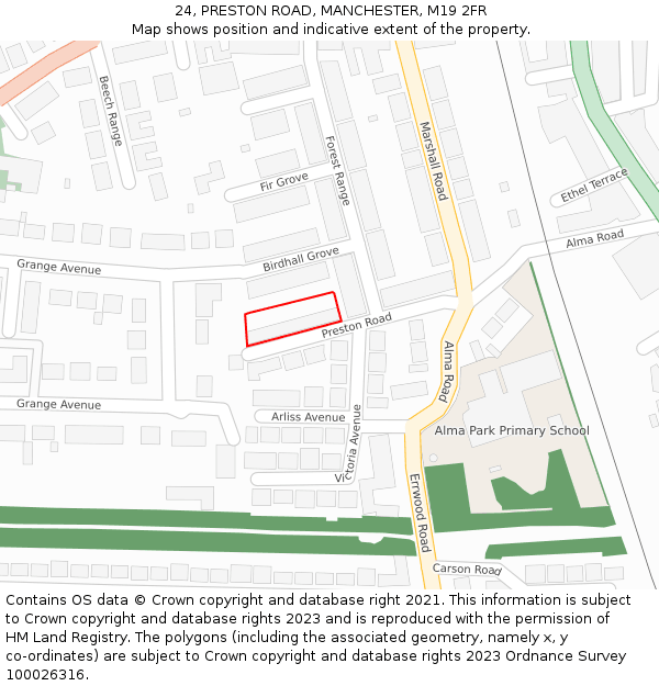 24, PRESTON ROAD, MANCHESTER, M19 2FR: Location map and indicative extent of plot