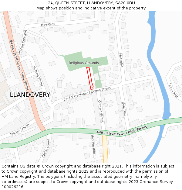 24, QUEEN STREET, LLANDOVERY, SA20 0BU: Location map and indicative extent of plot