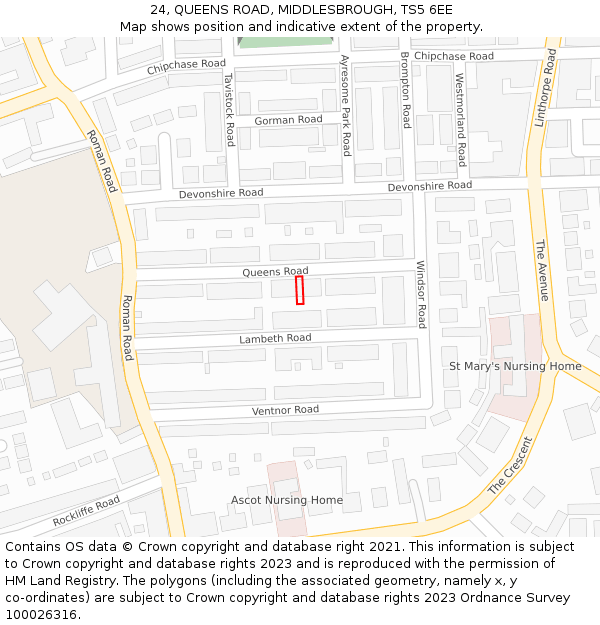 24, QUEENS ROAD, MIDDLESBROUGH, TS5 6EE: Location map and indicative extent of plot