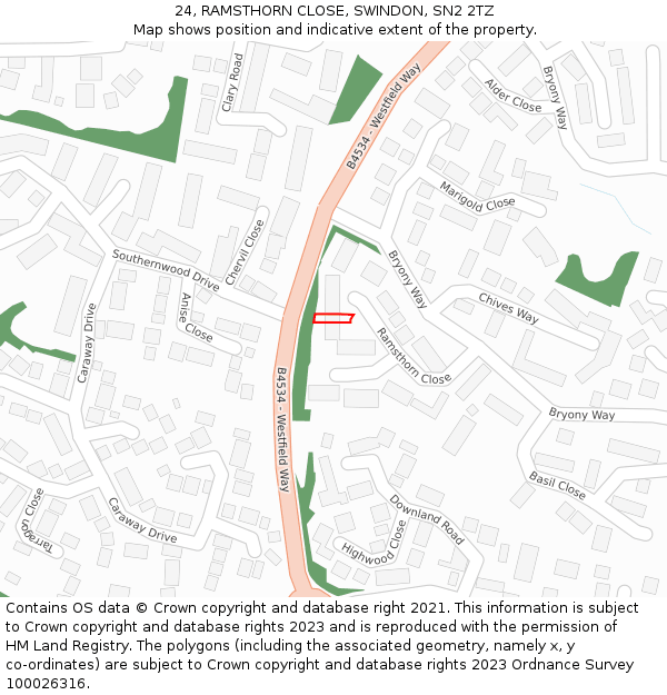 24, RAMSTHORN CLOSE, SWINDON, SN2 2TZ: Location map and indicative extent of plot