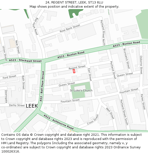 24, REGENT STREET, LEEK, ST13 6LU: Location map and indicative extent of plot
