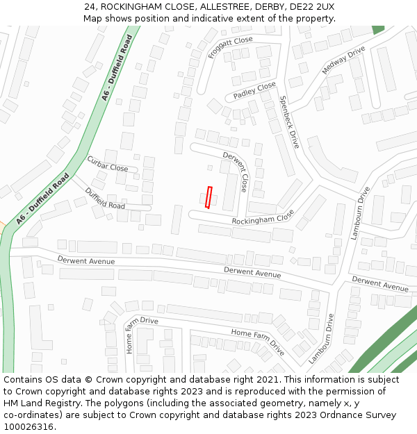 24, ROCKINGHAM CLOSE, ALLESTREE, DERBY, DE22 2UX: Location map and indicative extent of plot