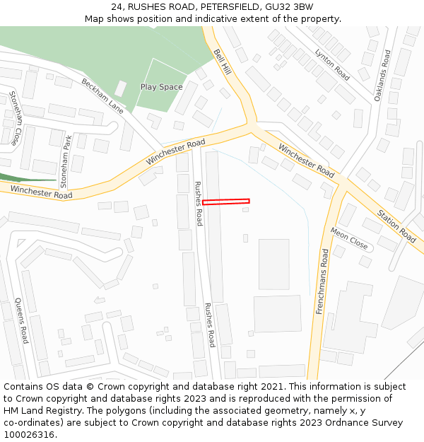 24, RUSHES ROAD, PETERSFIELD, GU32 3BW: Location map and indicative extent of plot