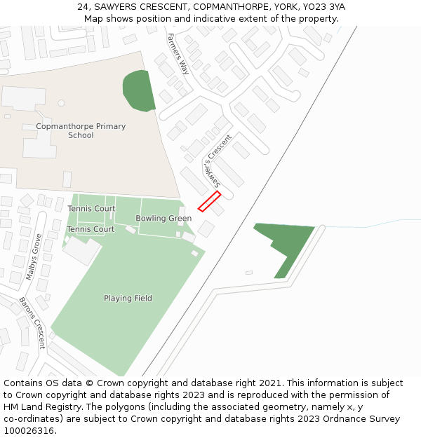 24, SAWYERS CRESCENT, COPMANTHORPE, YORK, YO23 3YA: Location map and indicative extent of plot