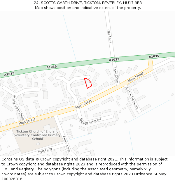 24, SCOTTS GARTH DRIVE, TICKTON, BEVERLEY, HU17 9RR: Location map and indicative extent of plot