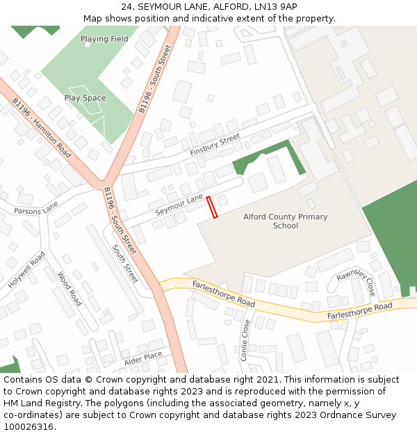 24, SEYMOUR LANE, ALFORD, LN13 9AP: Location map and indicative extent of plot