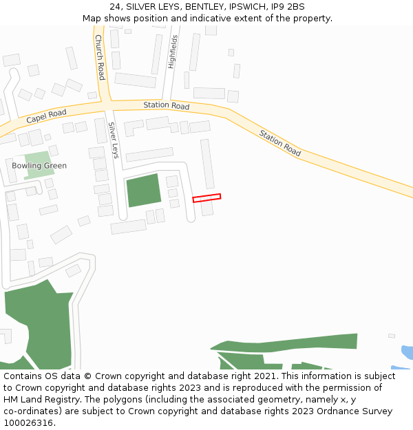 24, SILVER LEYS, BENTLEY, IPSWICH, IP9 2BS: Location map and indicative extent of plot