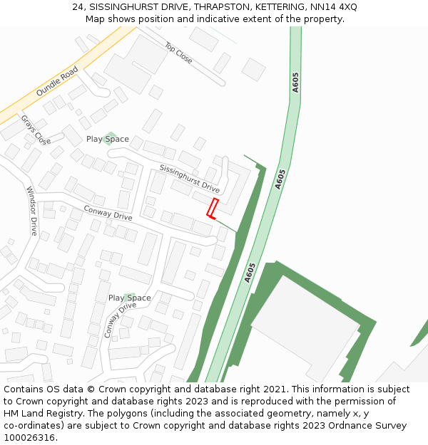 24, SISSINGHURST DRIVE, THRAPSTON, KETTERING, NN14 4XQ: Location map and indicative extent of plot