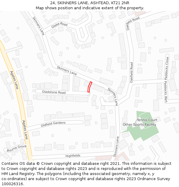 24, SKINNERS LANE, ASHTEAD, KT21 2NR: Location map and indicative extent of plot